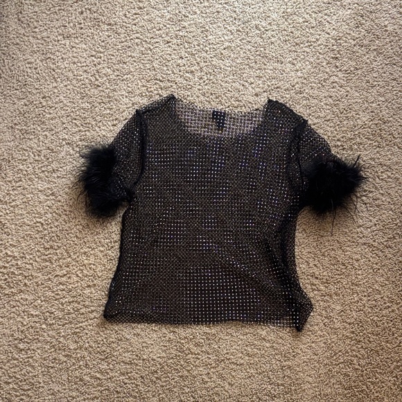 Windsor Tops - Windsor Black Sequin Mesh Short Sleeve Top with Feather Cuffs